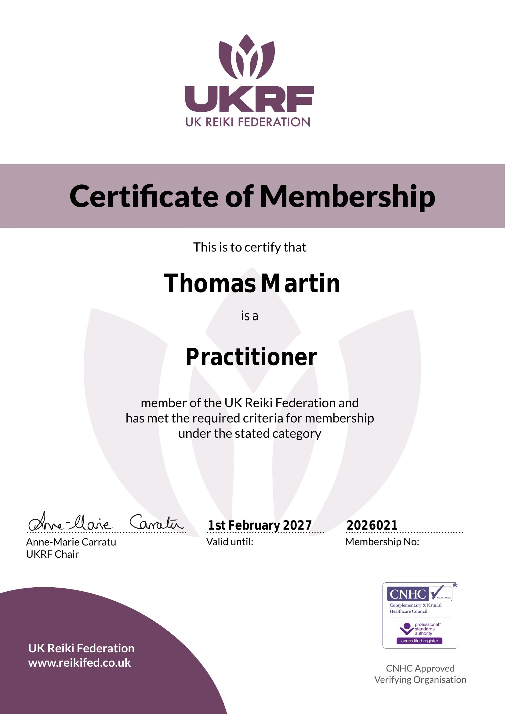Thomas Martin UK Reiki Federation membership certificate