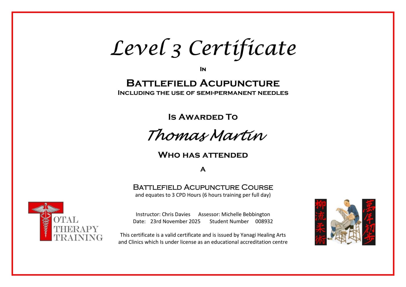 Thomas Martin Battlefield Acupuncture certificate
