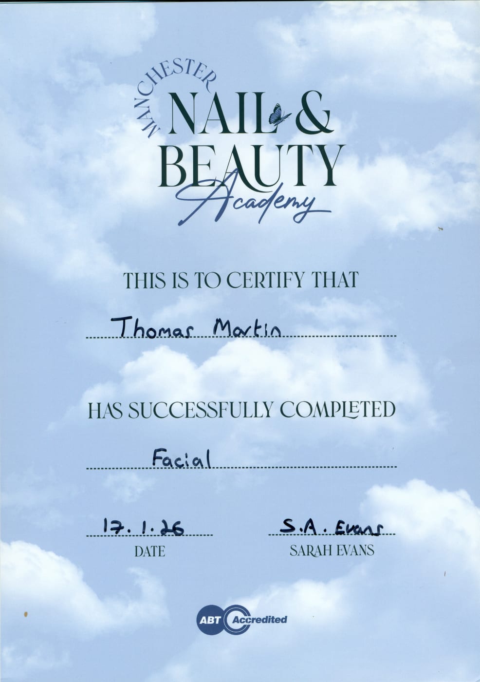 Thomas Martin facial treatment certificate, Manchester Nail & Beauty Academy, 2026