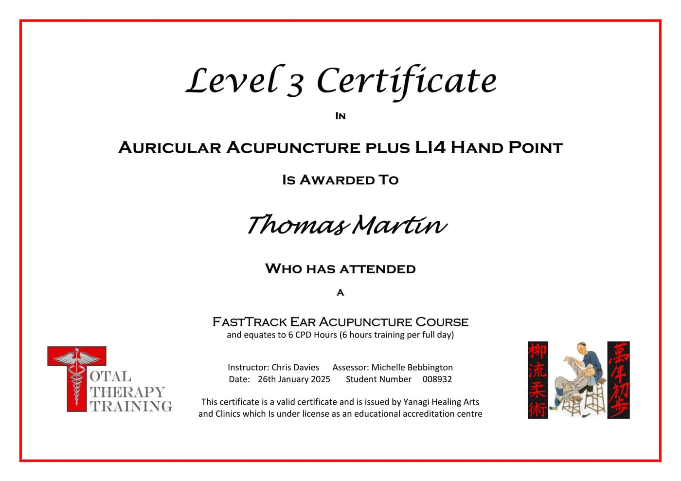 Thomas Martin FastTrack Ear Acupuncture certificate