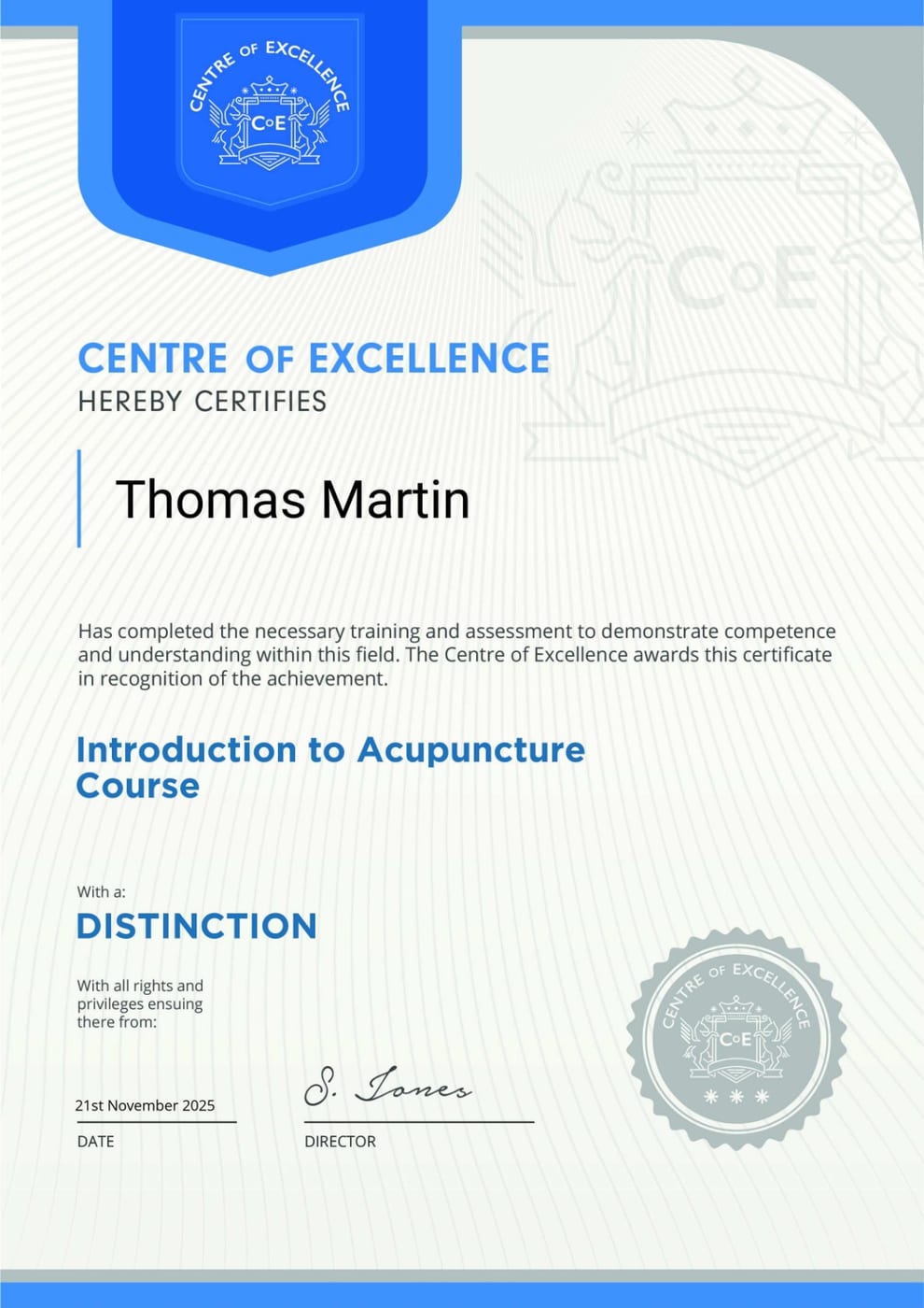 Thomas Martin Introduction to Acupuncture course certificate