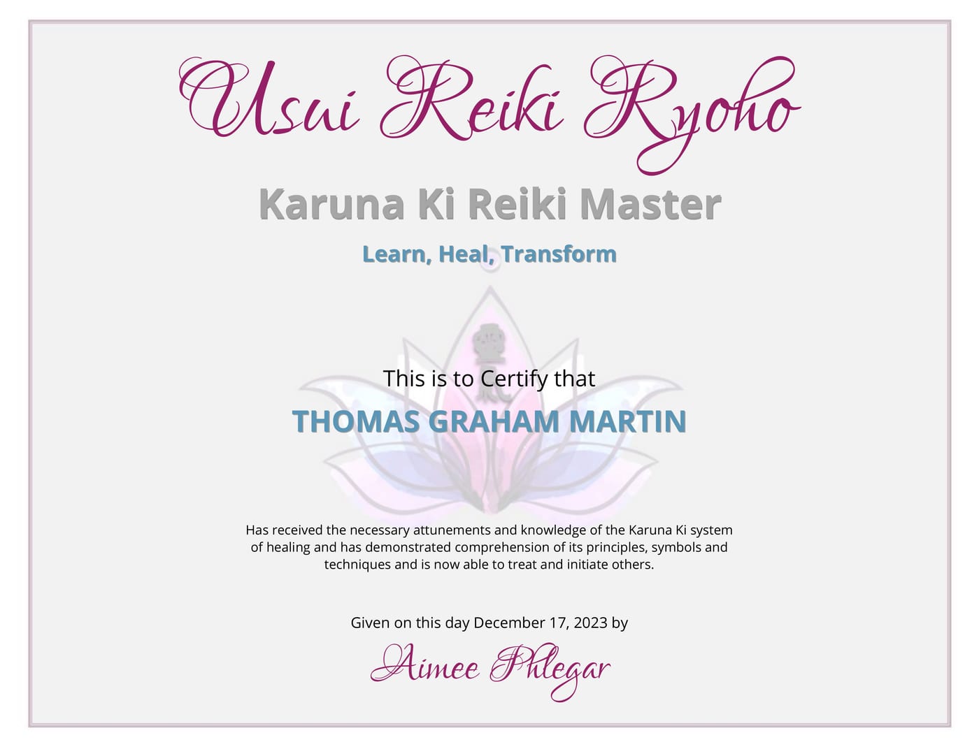 Thomas Martin Karuna Ki Reiki Master certificate, 2023
