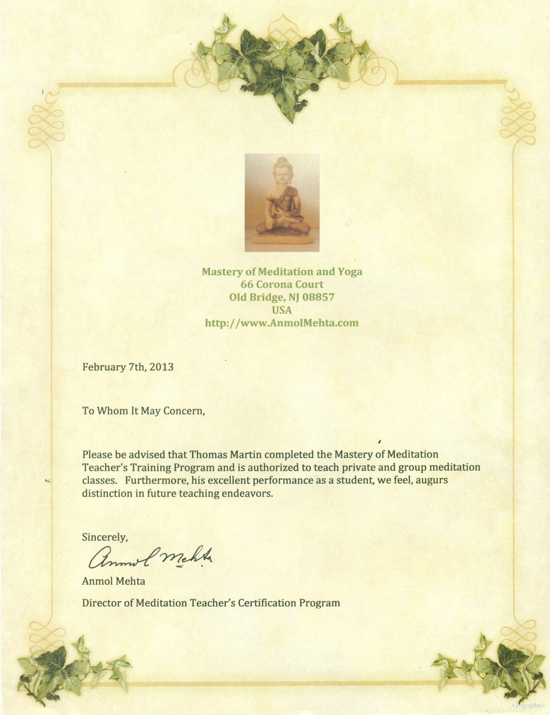 Thomas Martin Mastery of Meditation Teacher Training recommendation letter, 2013
