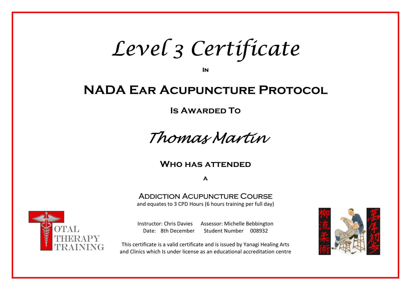 Thomas Martin NADA ear acupuncture certificate