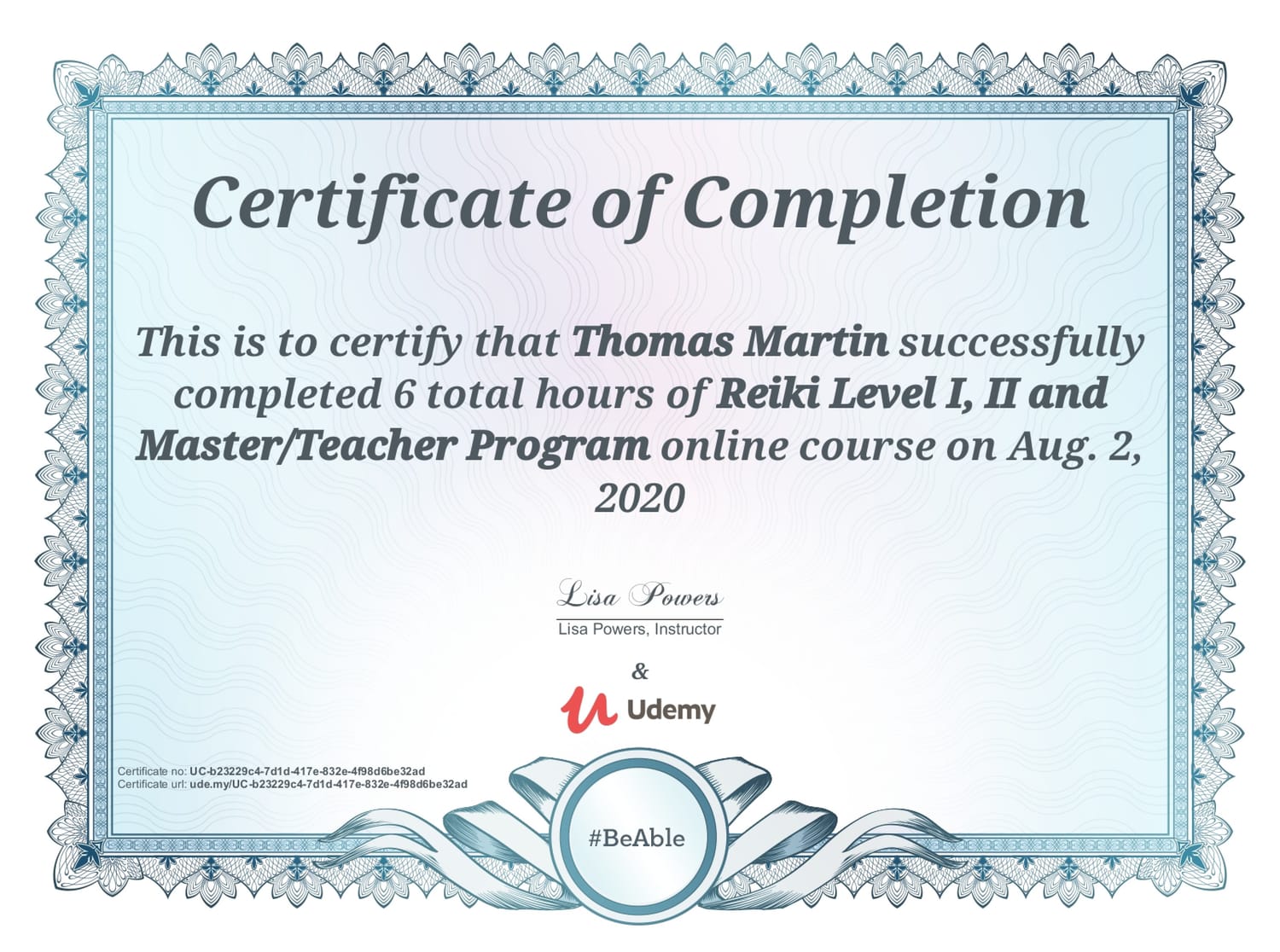 Thomas Martin Reiki Level 1, 2 and Master/Teacher program certificate of completion, 2020
