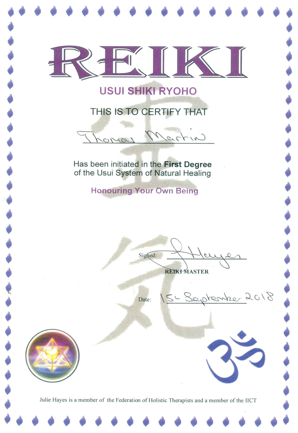 Thomas Martin Usui Reiki Level 1 (First Degree) certificate, 2018