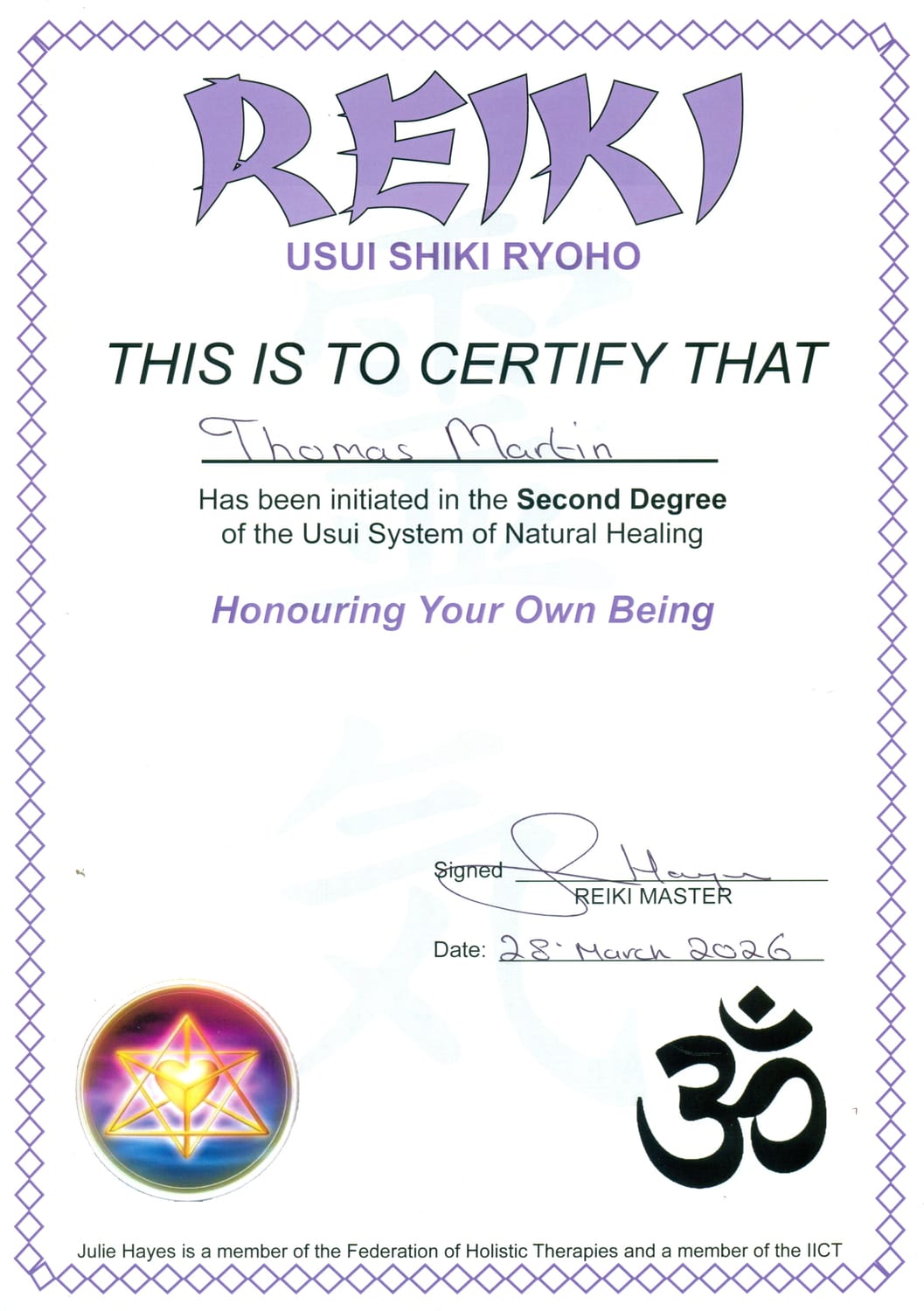 Thomas Martin Usui Reiki Level 2 (Second Degree) certificate, 2026
